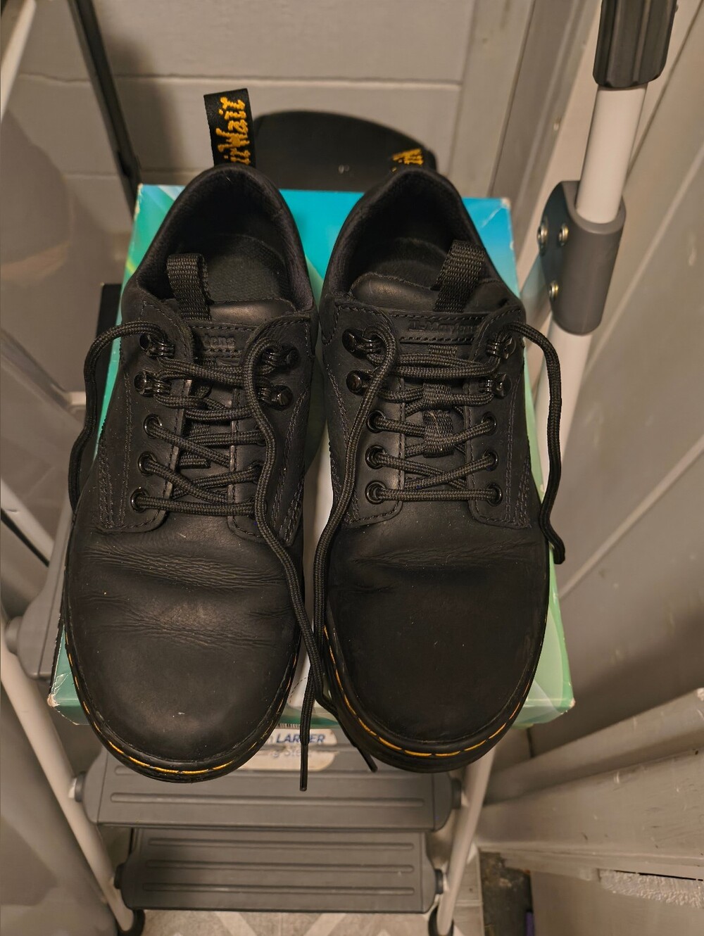 Dr. Martens Men’s Black Leather Lace-Up Oxfords with Yellow Stitching